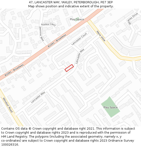 47, LANCASTER WAY, YAXLEY, PETERBOROUGH, PE7 3EP: Location map and indicative extent of plot