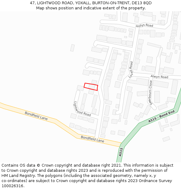 47, LIGHTWOOD ROAD, YOXALL, BURTON-ON-TRENT, DE13 8QD: Location map and indicative extent of plot