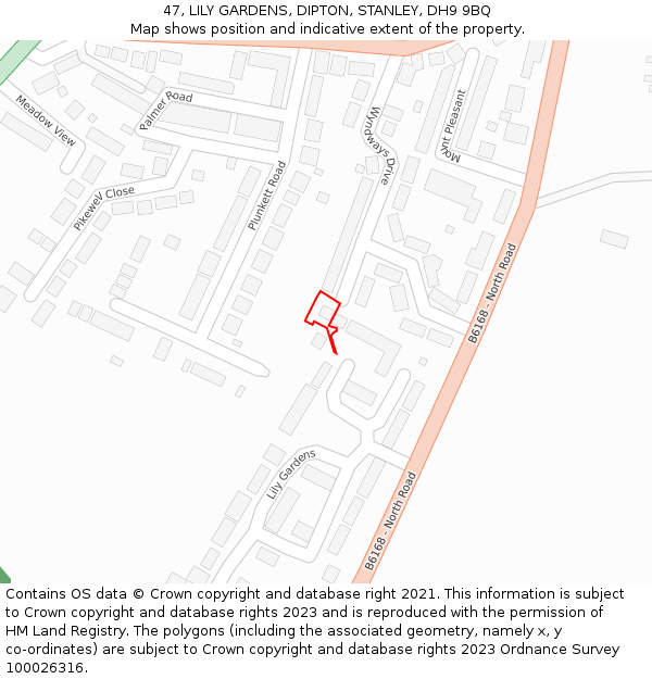 47, LILY GARDENS, DIPTON, STANLEY, DH9 9BQ: Location map and indicative extent of plot