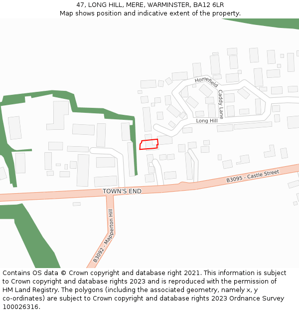 47, LONG HILL, MERE, WARMINSTER, BA12 6LR: Location map and indicative extent of plot