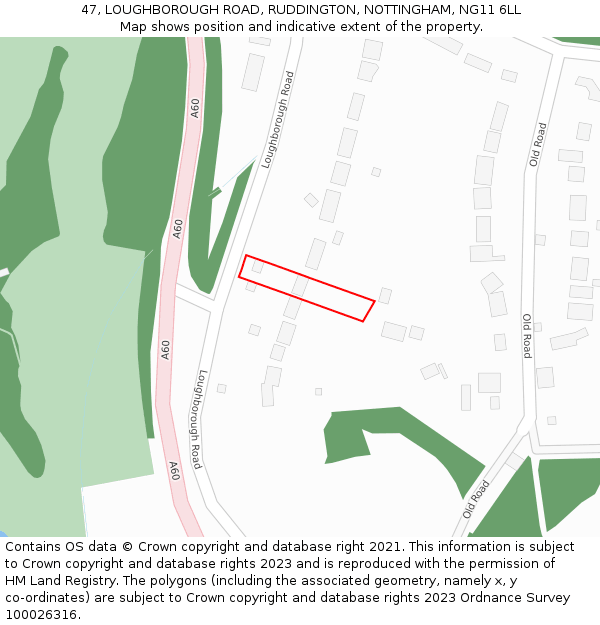 47, LOUGHBOROUGH ROAD, RUDDINGTON, NOTTINGHAM, NG11 6LL: Location map and indicative extent of plot