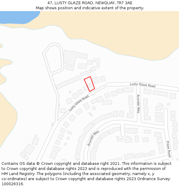 47, LUSTY GLAZE ROAD, NEWQUAY, TR7 3AE: Location map and indicative extent of plot