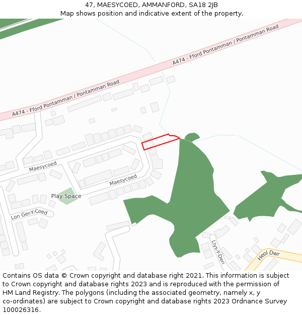 47, MAESYCOED, AMMANFORD, SA18 2JB: Location map and indicative extent of plot
