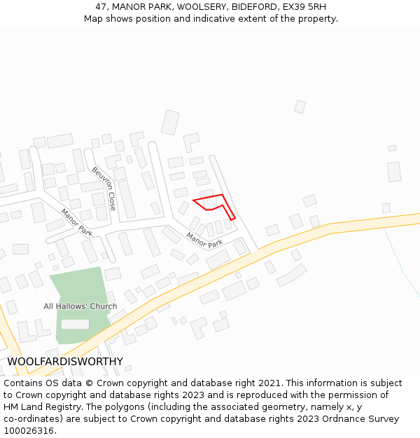 47, MANOR PARK, WOOLSERY, BIDEFORD, EX39 5RH: Location map and indicative extent of plot