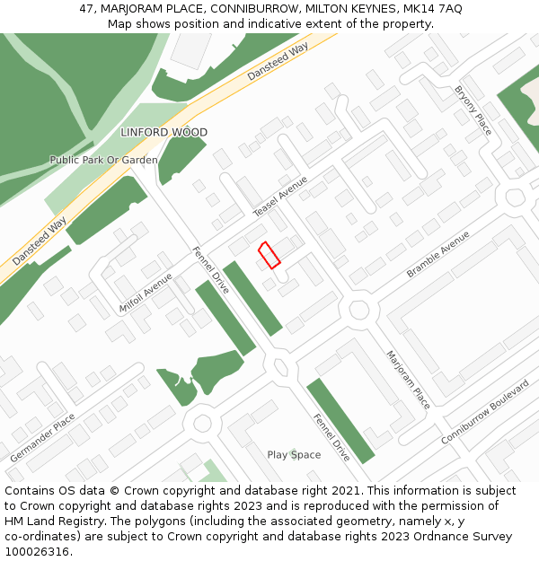 47, MARJORAM PLACE, CONNIBURROW, MILTON KEYNES, MK14 7AQ: Location map and indicative extent of plot