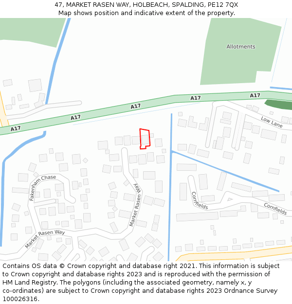 47, MARKET RASEN WAY, HOLBEACH, SPALDING, PE12 7QX: Location map and indicative extent of plot