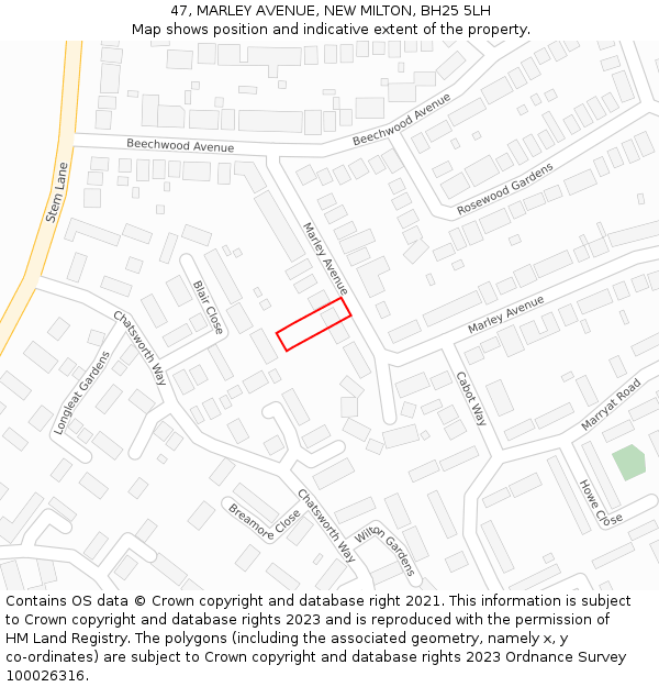 47, MARLEY AVENUE, NEW MILTON, BH25 5LH: Location map and indicative extent of plot