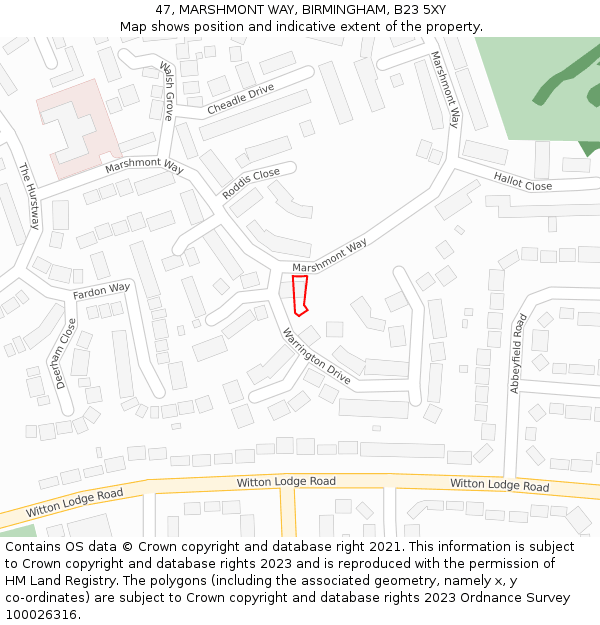 47, MARSHMONT WAY, BIRMINGHAM, B23 5XY: Location map and indicative extent of plot