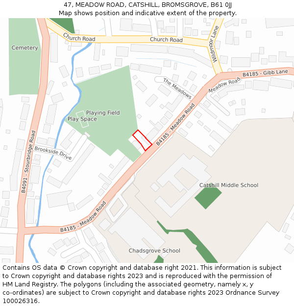 47, MEADOW ROAD, CATSHILL, BROMSGROVE, B61 0JJ: Location map and indicative extent of plot