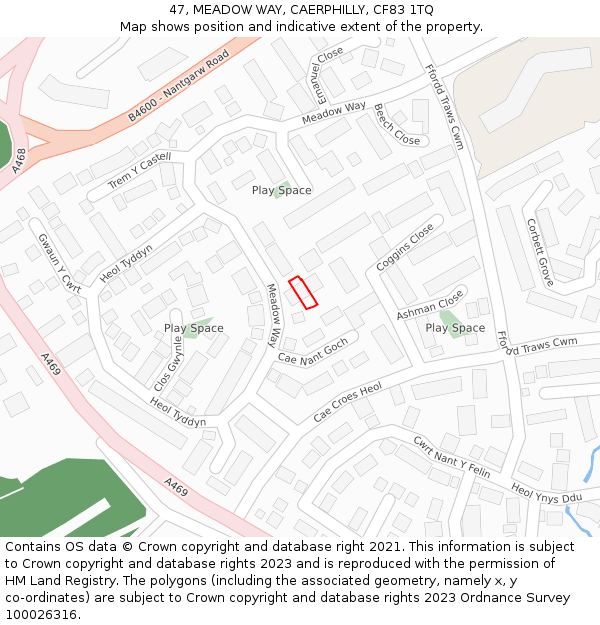 47, MEADOW WAY, CAERPHILLY, CF83 1TQ: Location map and indicative extent of plot