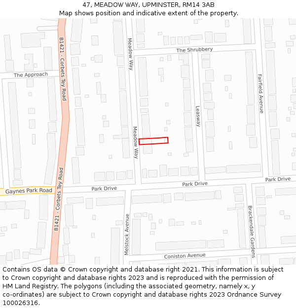47, MEADOW WAY, UPMINSTER, RM14 3AB: Location map and indicative extent of plot