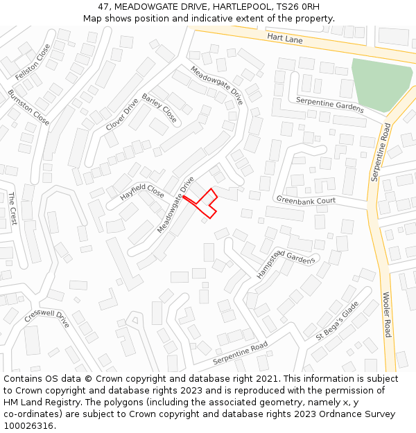 47, MEADOWGATE DRIVE, HARTLEPOOL, TS26 0RH: Location map and indicative extent of plot