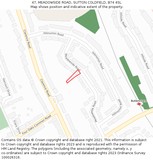 47, MEADOWSIDE ROAD, SUTTON COLDFIELD, B74 4SL: Location map and indicative extent of plot