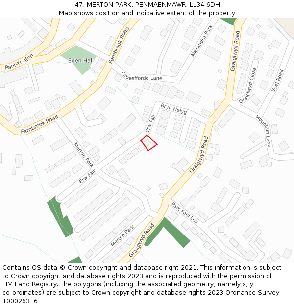 47, MERTON PARK, PENMAENMAWR, LL34 6DH: Location map and indicative extent of plot