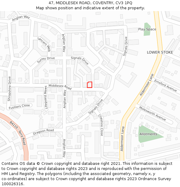 47, MIDDLESEX ROAD, COVENTRY, CV3 1PQ: Location map and indicative extent of plot