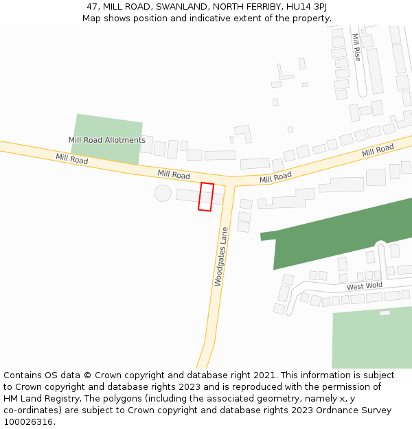 47, MILL ROAD, SWANLAND, NORTH FERRIBY, HU14 3PJ: Location map and indicative extent of plot