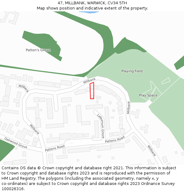 47, MILLBANK, WARWICK, CV34 5TH: Location map and indicative extent of plot