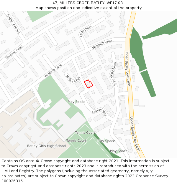 47, MILLERS CROFT, BATLEY, WF17 0RL: Location map and indicative extent of plot