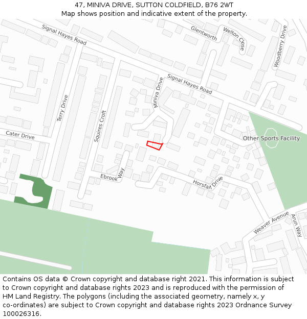47, MINIVA DRIVE, SUTTON COLDFIELD, B76 2WT: Location map and indicative extent of plot