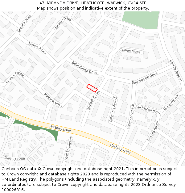 47, MIRANDA DRIVE, HEATHCOTE, WARWICK, CV34 6FE: Location map and indicative extent of plot