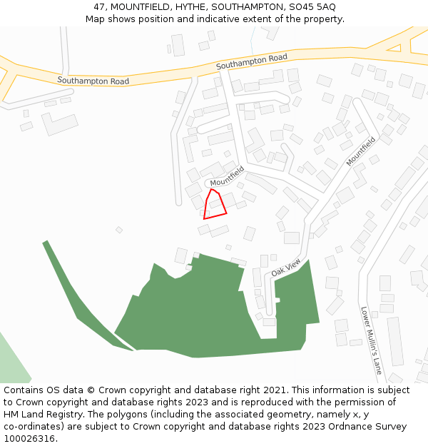 47, MOUNTFIELD, HYTHE, SOUTHAMPTON, SO45 5AQ: Location map and indicative extent of plot