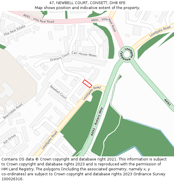 47, NEWBELL COURT, CONSETT, DH8 6FE: Location map and indicative extent of plot