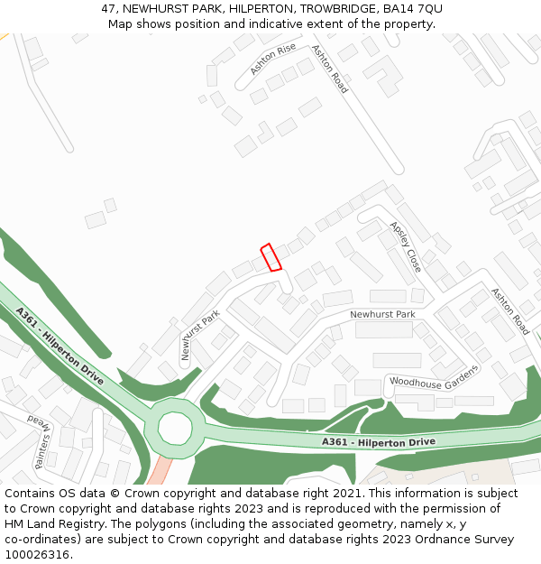 47, NEWHURST PARK, HILPERTON, TROWBRIDGE, BA14 7QU: Location map and indicative extent of plot