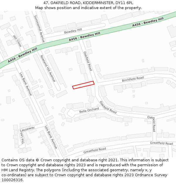 47, OAKFIELD ROAD, KIDDERMINSTER, DY11 6PL: Location map and indicative extent of plot