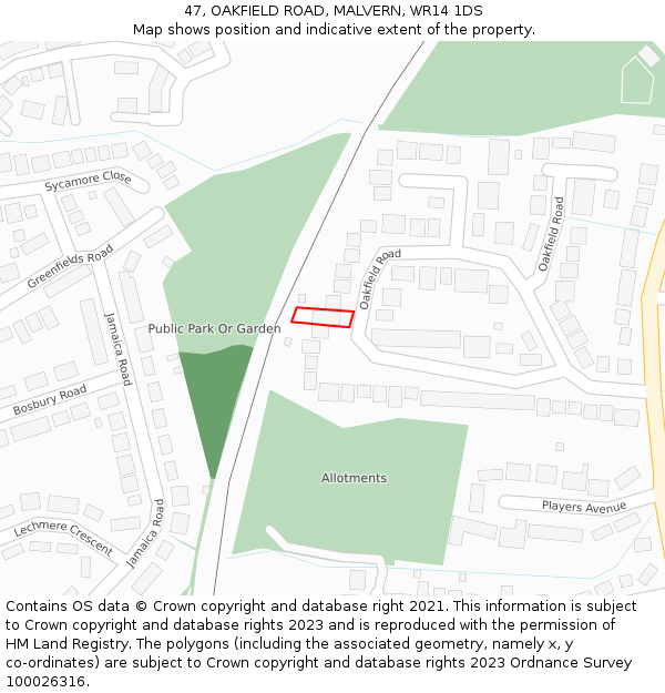 47, OAKFIELD ROAD, MALVERN, WR14 1DS: Location map and indicative extent of plot