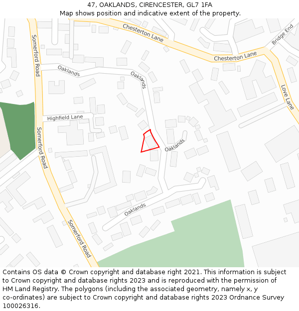 47, OAKLANDS, CIRENCESTER, GL7 1FA: Location map and indicative extent of plot