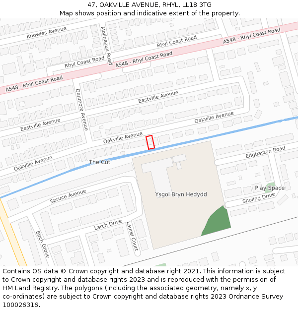 47, OAKVILLE AVENUE, RHYL, LL18 3TG: Location map and indicative extent of plot