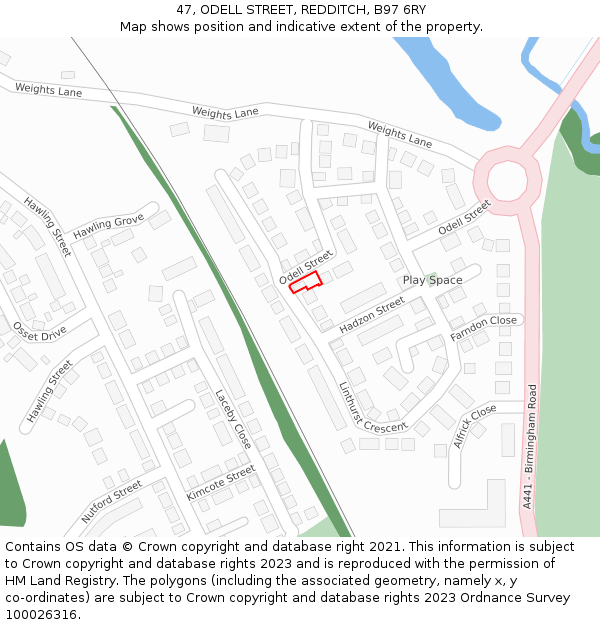 47, ODELL STREET, REDDITCH, B97 6RY: Location map and indicative extent of plot