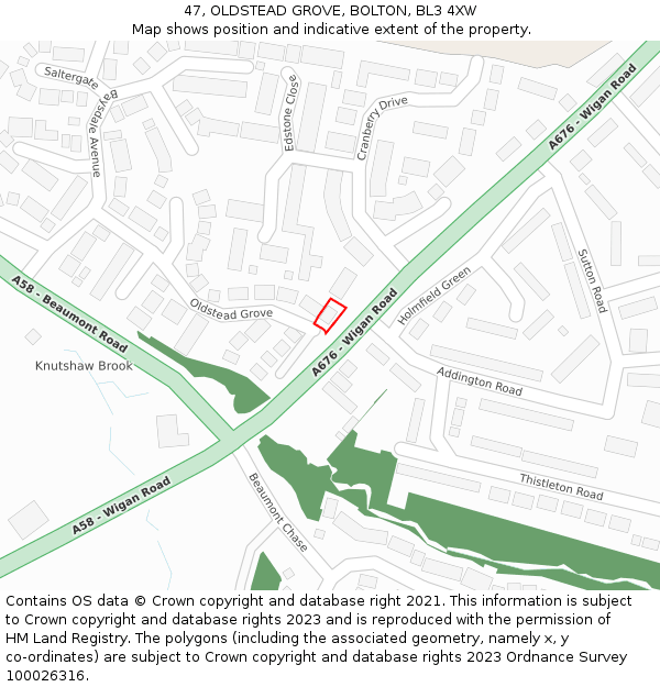47, OLDSTEAD GROVE, BOLTON, BL3 4XW: Location map and indicative extent of plot
