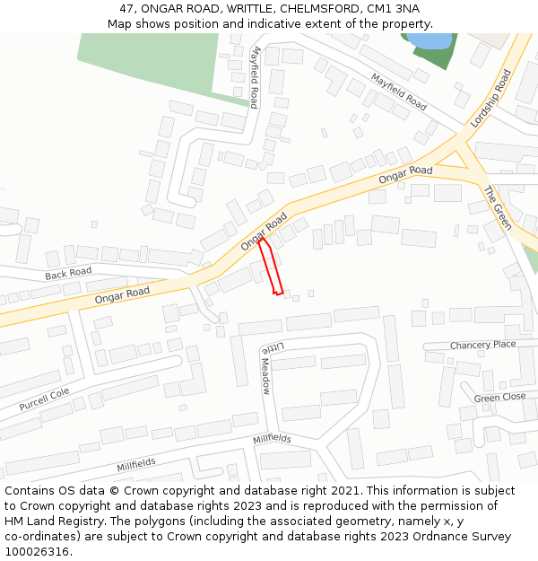 47, ONGAR ROAD, WRITTLE, CHELMSFORD, CM1 3NA: Location map and indicative extent of plot