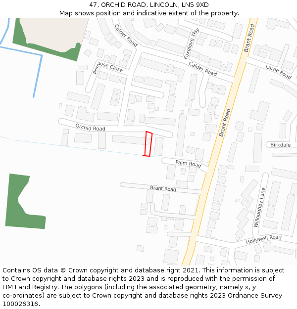 47, ORCHID ROAD, LINCOLN, LN5 9XD: Location map and indicative extent of plot