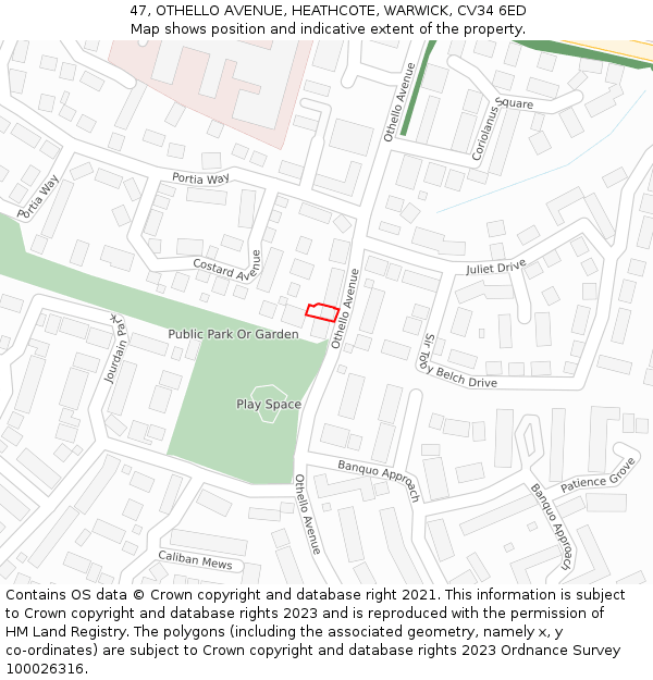 47, OTHELLO AVENUE, HEATHCOTE, WARWICK, CV34 6ED: Location map and indicative extent of plot