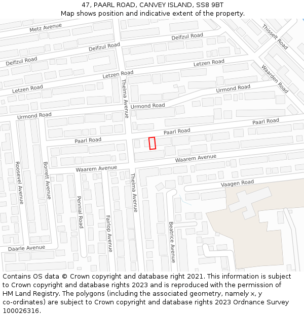 47, PAARL ROAD, CANVEY ISLAND, SS8 9BT: Location map and indicative extent of plot