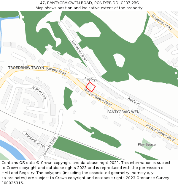 47, PANTYGRAIGWEN ROAD, PONTYPRIDD, CF37 2RS: Location map and indicative extent of plot