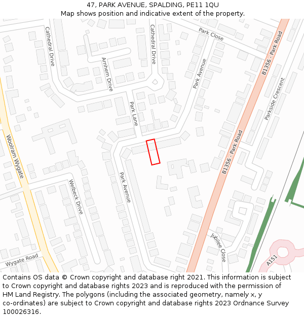 47, PARK AVENUE, SPALDING, PE11 1QU: Location map and indicative extent of plot