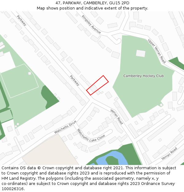 47, PARKWAY, CAMBERLEY, GU15 2PD: Location map and indicative extent of plot