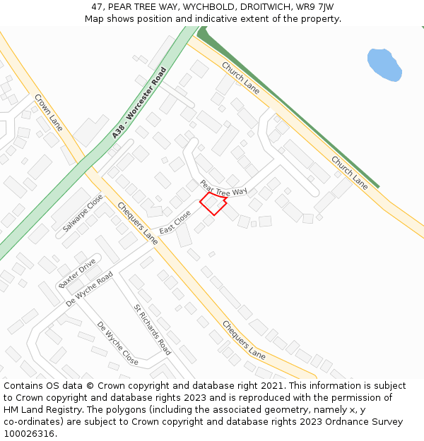 47, PEAR TREE WAY, WYCHBOLD, DROITWICH, WR9 7JW: Location map and indicative extent of plot