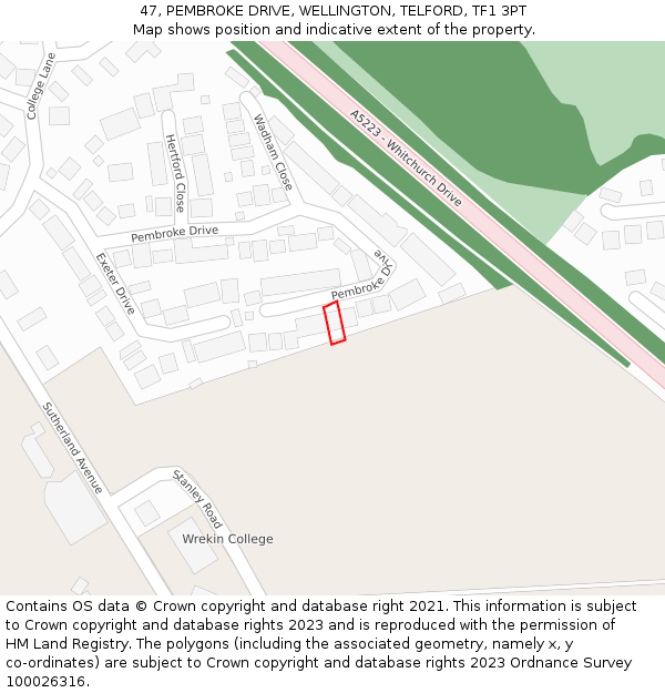 47, PEMBROKE DRIVE, WELLINGTON, TELFORD, TF1 3PT: Location map and indicative extent of plot