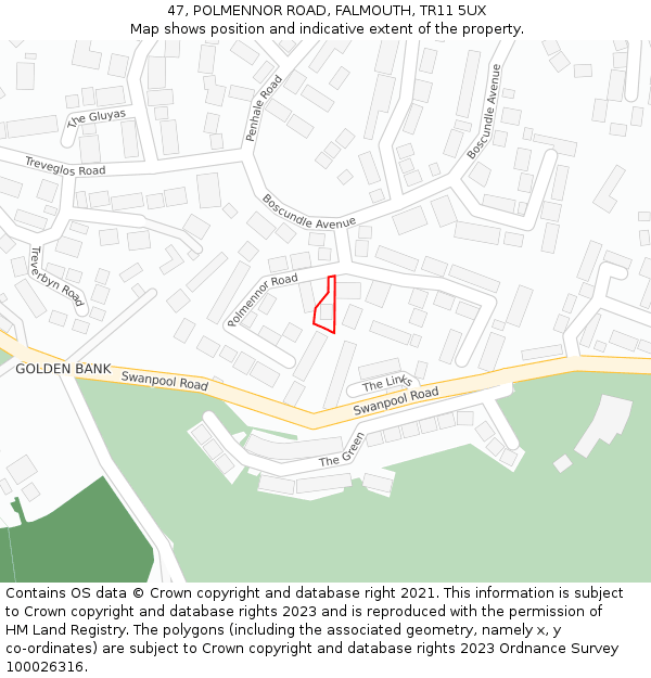 47, POLMENNOR ROAD, FALMOUTH, TR11 5UX: Location map and indicative extent of plot