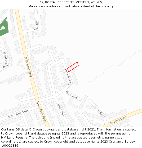 47, PORTAL CRESCENT, MIRFIELD, WF14 0JJ: Location map and indicative extent of plot