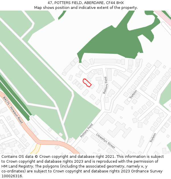 47, POTTERS FIELD, ABERDARE, CF44 8HX: Location map and indicative extent of plot