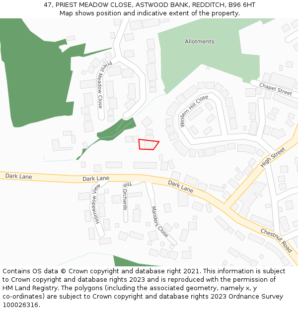 47, PRIEST MEADOW CLOSE, ASTWOOD BANK, REDDITCH, B96 6HT: Location map and indicative extent of plot