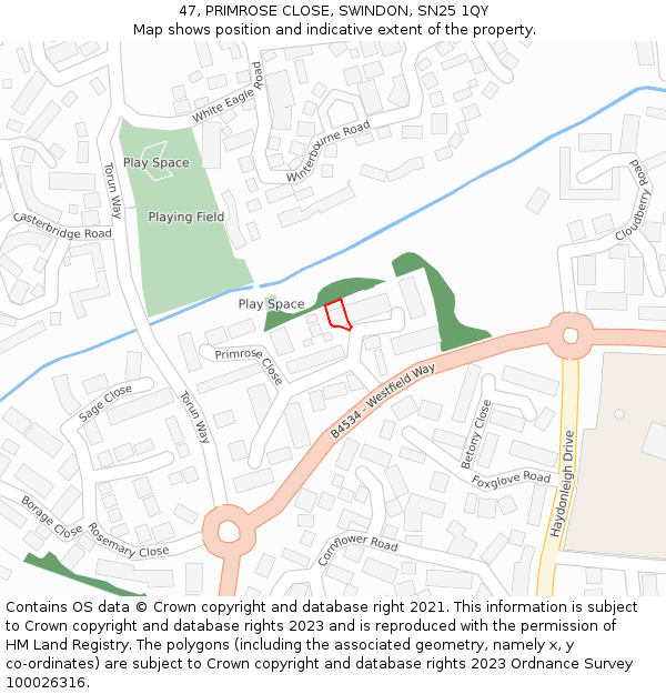 47, PRIMROSE CLOSE, SWINDON, SN25 1QY: Location map and indicative extent of plot