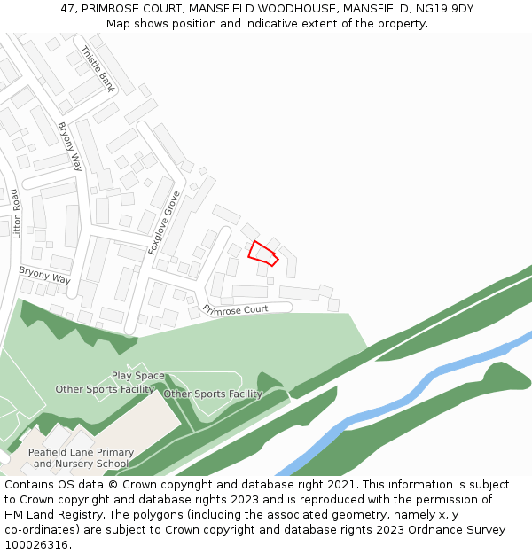 47, PRIMROSE COURT, MANSFIELD WOODHOUSE, MANSFIELD, NG19 9DY: Location map and indicative extent of plot