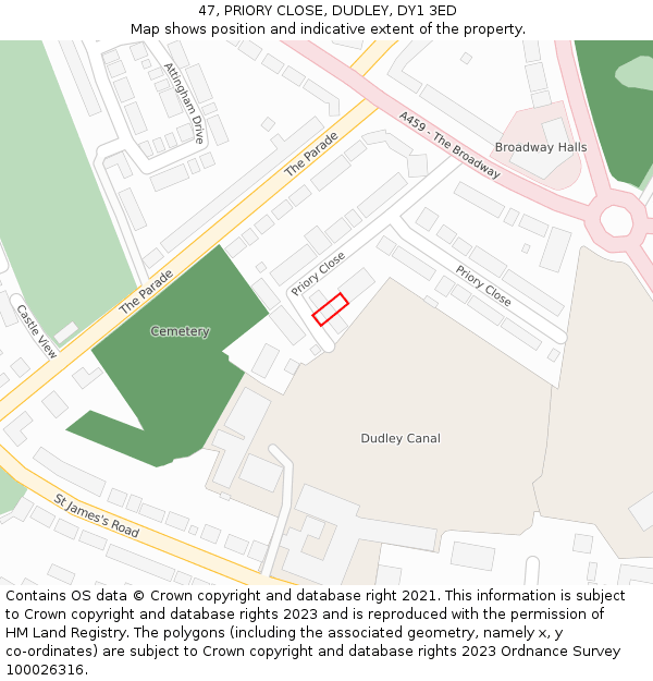 47, PRIORY CLOSE, DUDLEY, DY1 3ED: Location map and indicative extent of plot