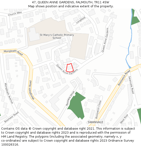 47, QUEEN ANNE GARDENS, FALMOUTH, TR11 4SW: Location map and indicative extent of plot